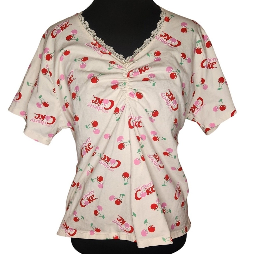 COCA-COLA Cherry Coke Shirt Womens 2x Cream Red T-Shirt Cropped Retro Rockabilly